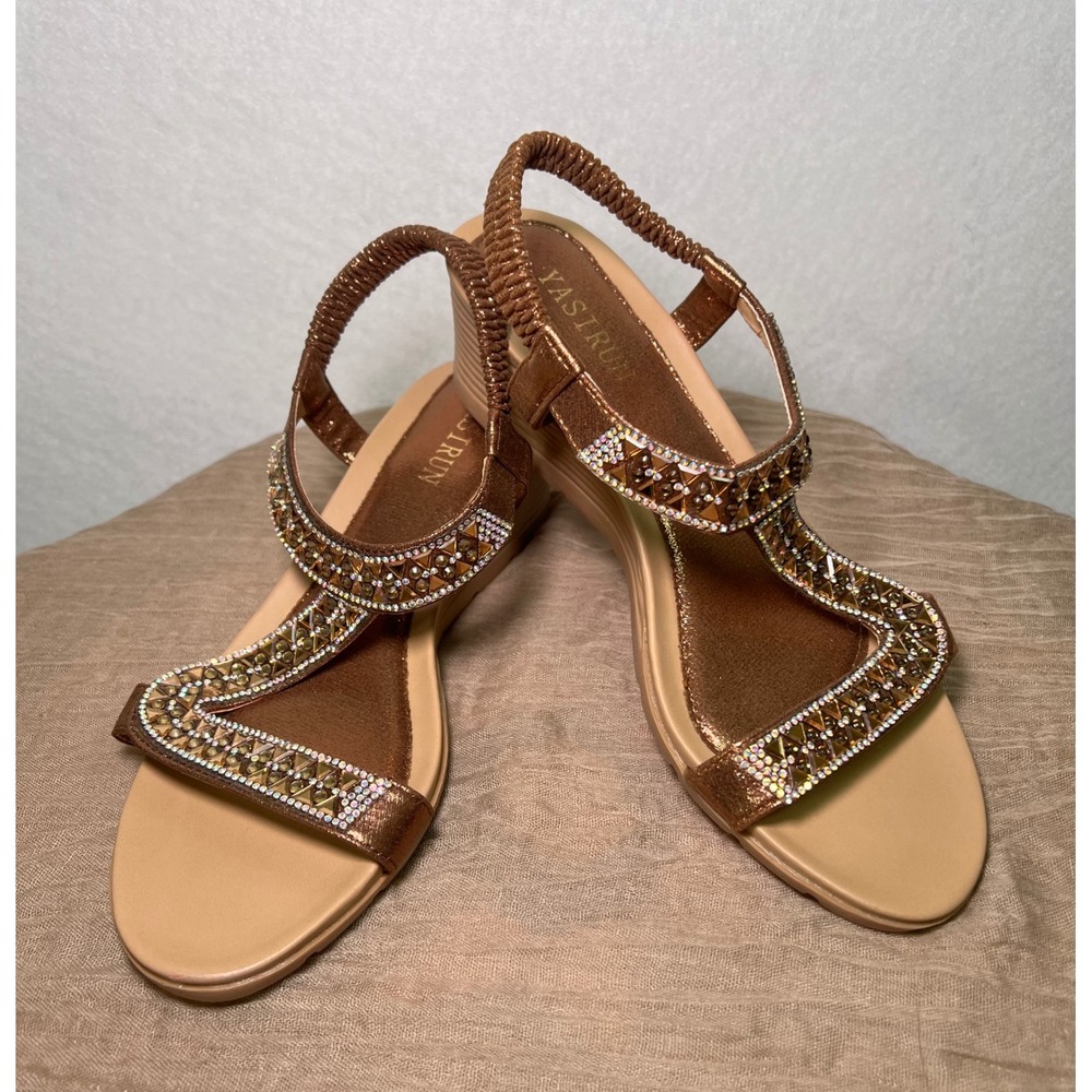 Yasirun Bronze Metallic Rhinestone Boho Whimsigoth Slingback Sandals Women Sz 40
